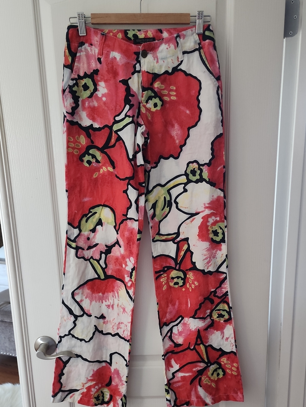 Roberto Cavalli Vintag Floral Wide-Leg Linen Pants in Red & White